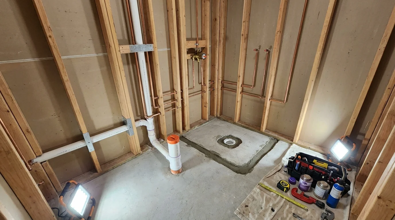 Bathroom rough-in plumbing during remodel by Johns Plumbing LLC in Arapaho