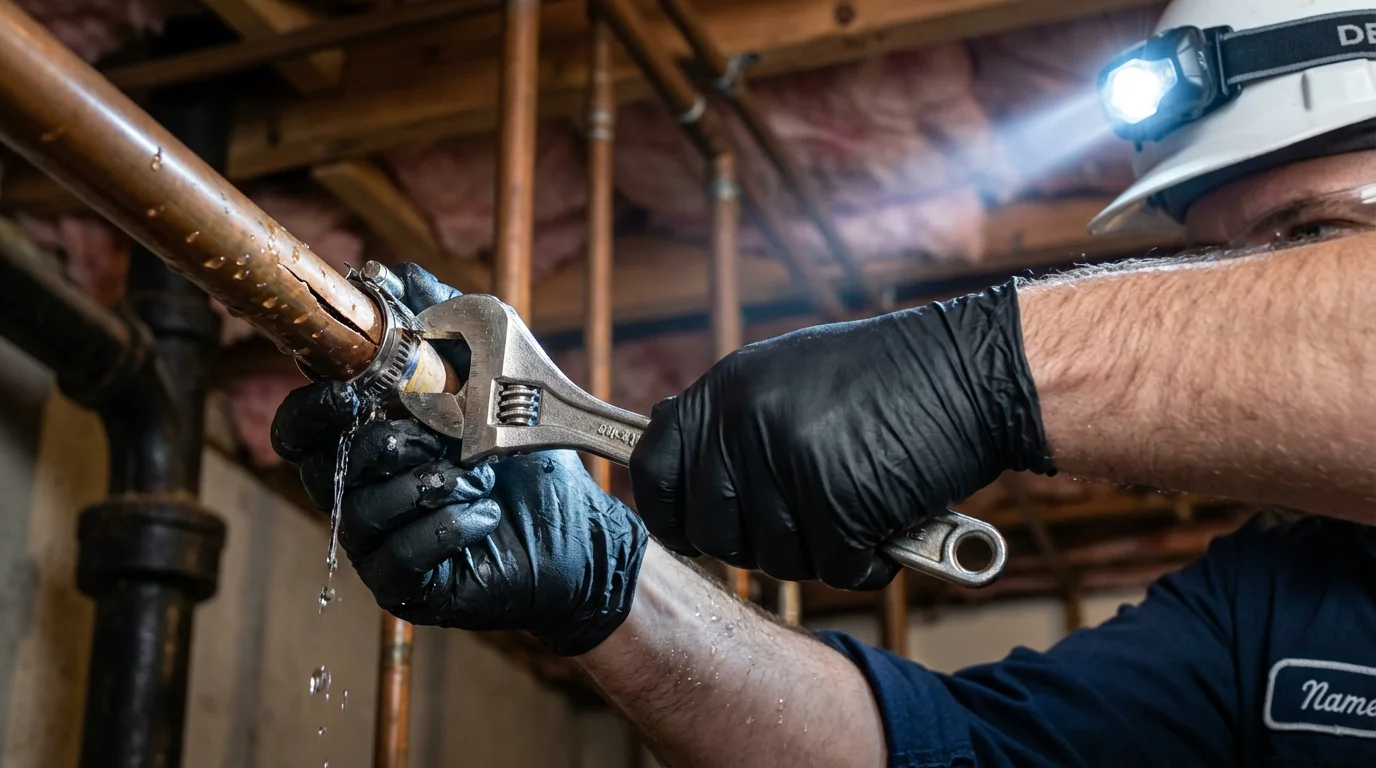 Emergency pipe clamp repair being performed by a Johns Plumbing LLC plumber in Arapaho