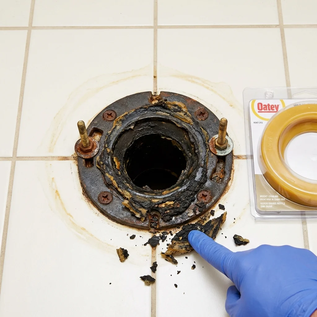 Failed wax ring showing water seepage at the base of a toilet in a Arapaho, OK home