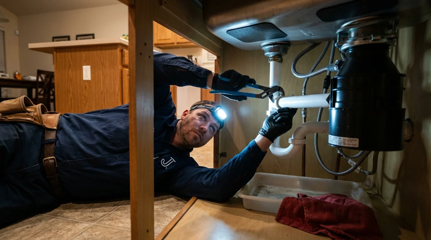 P-trap and supply line connections under a kitchen sink showing a common leak point in Arapaho, OK